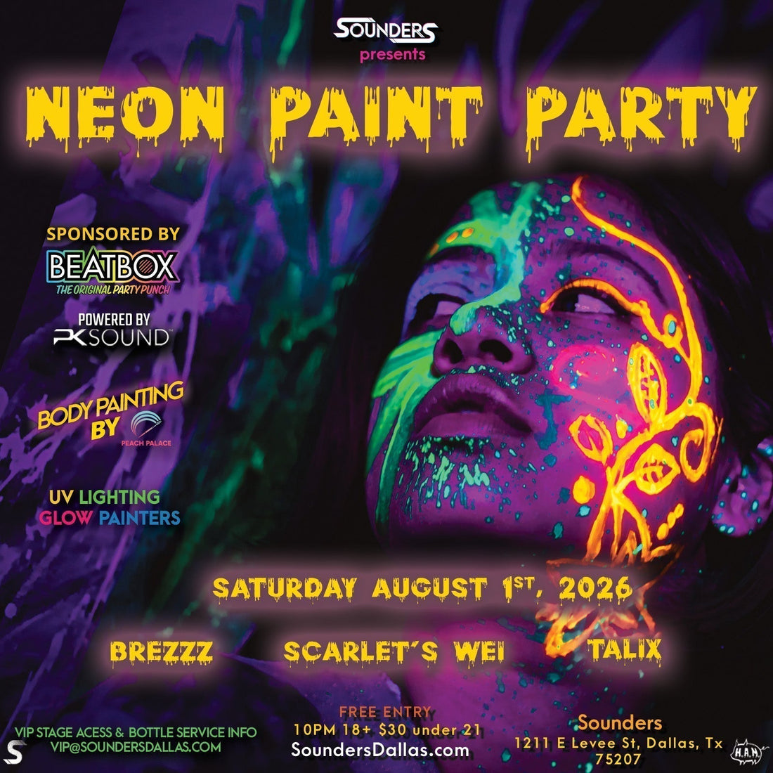 Neon Paint Party Saturday, August 1st @ Sounders Dallas